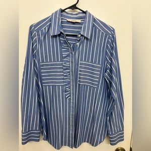 LOFT Blue and White Pinstripe Ruffle Button Down, Sz M